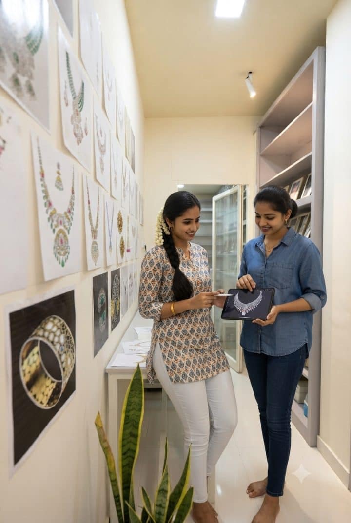 Students reviewing a jewellery design on a tablet at the TIARAA studio